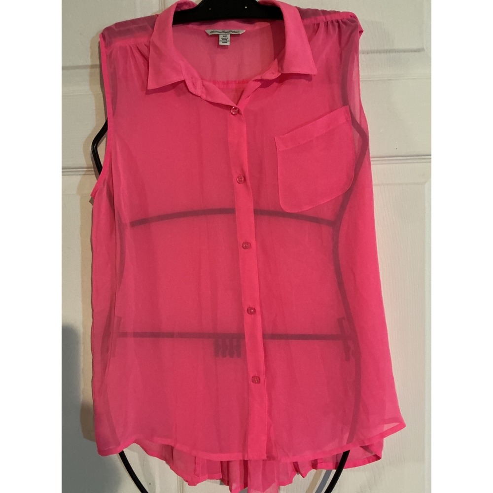 American‎ Eagle Neon Pink Sheer Sleeveless Button Down Pleated High Low Top M